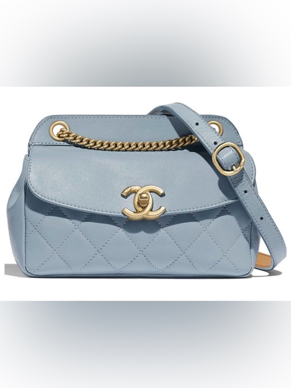 CHANEL Light Blue Quilted Leather Shoulder Bag with Gold Hardware